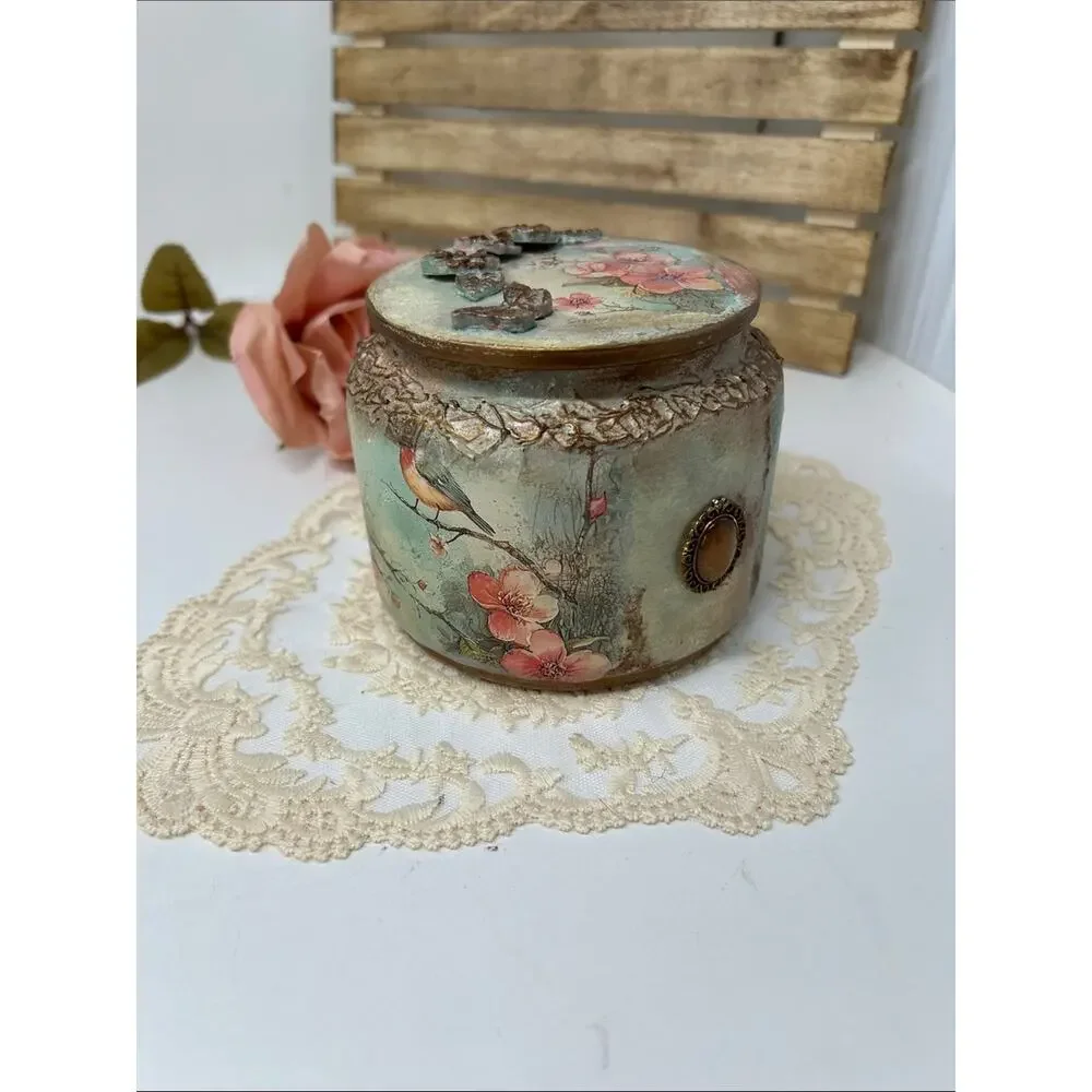Vintage-Style Decorative Bird Floral Jewelry Jar - Mint & Pink